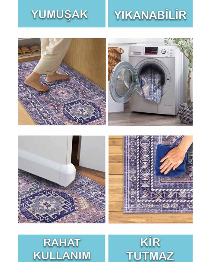 Darlen Desenli Pamuk Tabanlı Yıkanabilen Kaydırmaz Antibakteriyel Şönil Salon Halısı