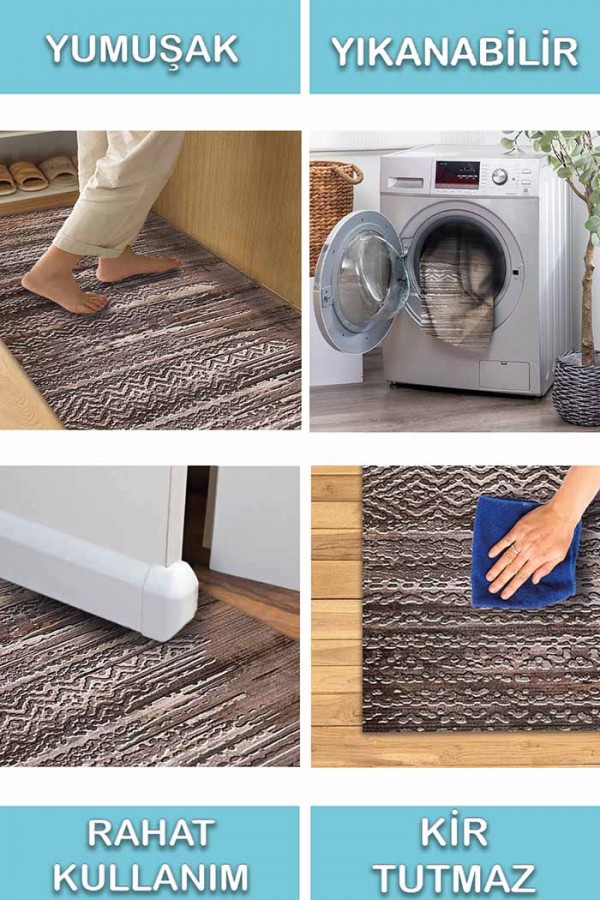 Davin Geometrik Desenli Pamuk Tabanlı Yıkanabilen Kaydırmaz Antibakteriyel Şönil Salon Halısı
