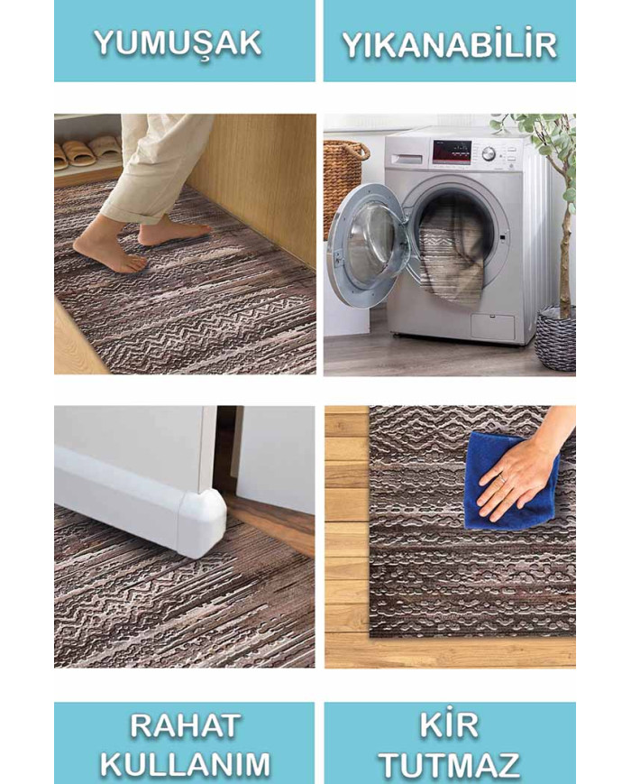 Davin Geometrik Desenli Pamuk Tabanlı Yıkanabilen Kaydırmaz Antibakteriyel Şönil Salon Halısı