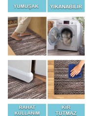 Davin Geometrik Desenli Pamuk Tabanlı Yıkanabilen Kaydırmaz Antibakteriyel Şönil Salon Halısı
