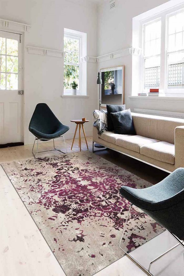 Deasy Eskitme Desenli Pamuk Tabanlı Yıkanabilen Kaydırmaz Antibakteriyel Şönil Salon Halısı