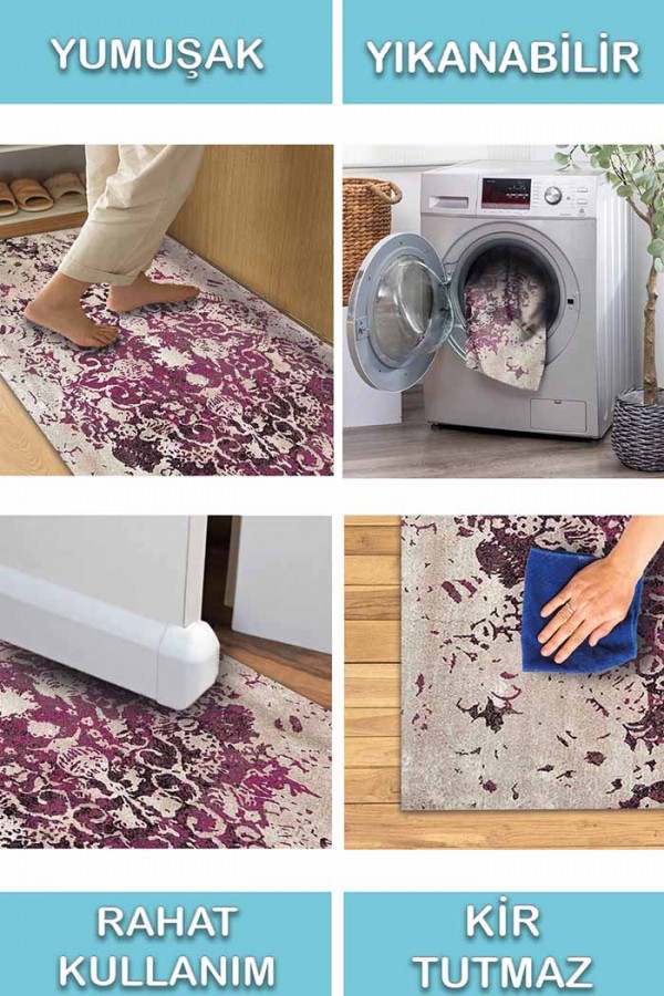 Deasy Eskitme Desenli Pamuk Tabanlı Yıkanabilen Kaydırmaz Antibakteriyel Şönil Salon Halısı