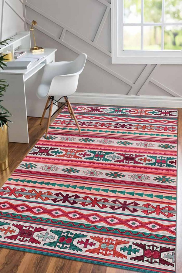 Enzio Kilim Desenli Pamuk Tabanlı Yıkanabilen Kaydırmaz Antibakteriyel Şönil Salon Halısı