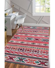 Enzio Kilim Desenli Pamuk Tabanlı Yıkanabilen Kaydırmaz Antibakteriyel Şönil Salon Halısı