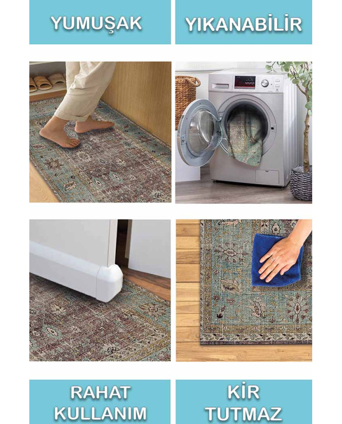 Ember Desenli Pamuk Tabanlı Yıkanabilen Kaydırmaz Antibakteriyel Şönil Salon Halısı