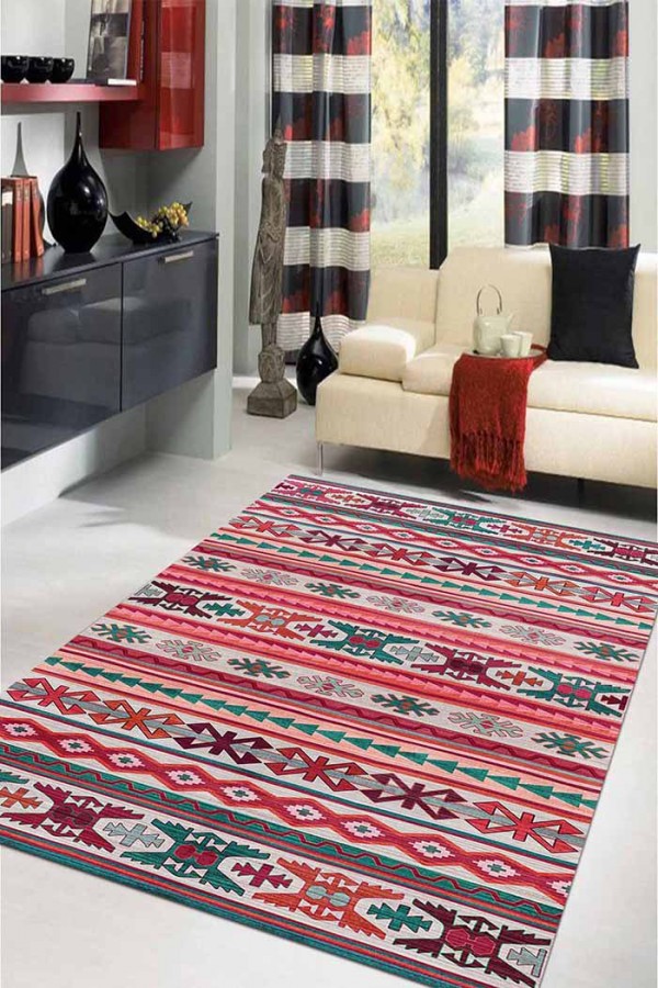 Enzio Kilim Desenli Pamuk Tabanlı Yıkanabilen Kaydırmaz Antibakteriyel Şönil Salon Halısı