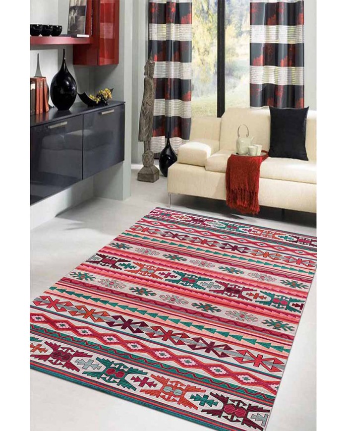 Enzio Kilim Desenli Pamuk Tabanlı Yıkanabilen Kaydırmaz Antibakteriyel Şönil Salon Halısı