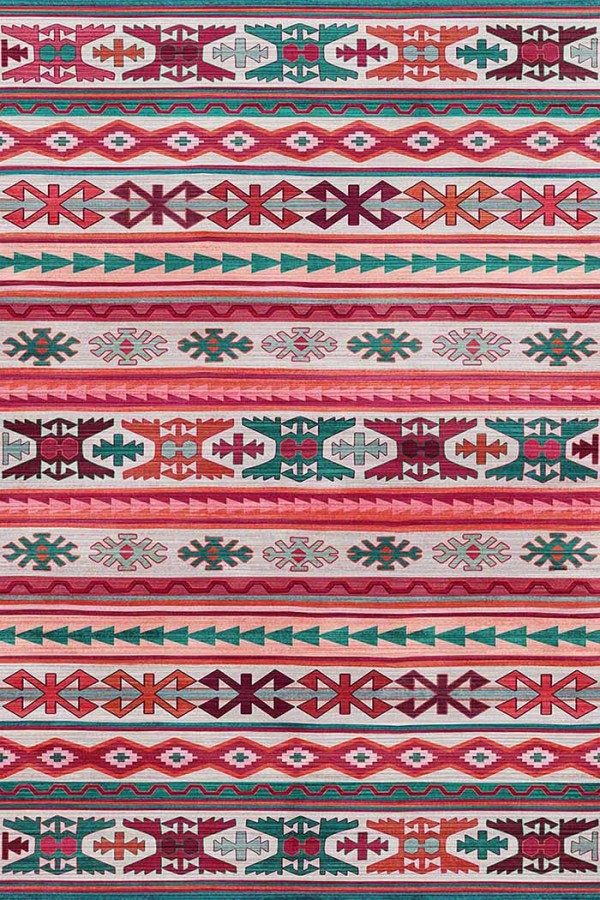 Enzio Kilim Desenli Pamuk Tabanlı Yıkanabilen Kaydırmaz Antibakteriyel Şönil Salon Halısı