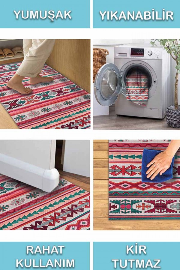 Enzio Kilim Desenli Pamuk Tabanlı Yıkanabilen Kaydırmaz Antibakteriyel Şönil Salon Halısı