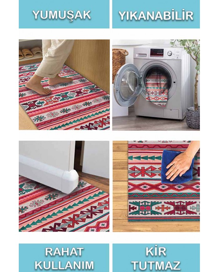 Enzio Kilim Desenli Pamuk Tabanlı Yıkanabilen Kaydırmaz Antibakteriyel Şönil Salon Halısı