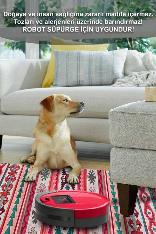 Enzio Kilim Desenli Pamuk Tabanlı Yıkanabilen Kaydırmaz Antibakteriyel Şönil Salon Halısı