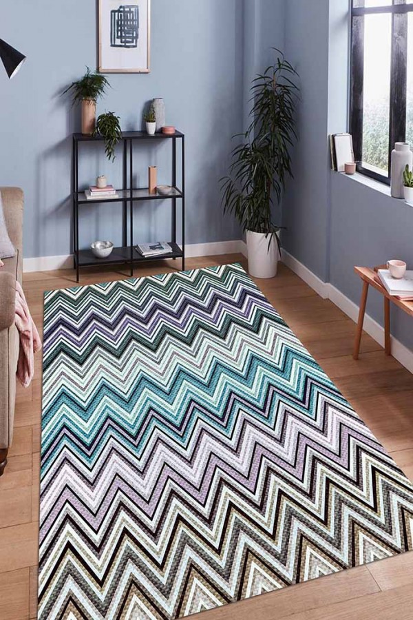 Evan Desenli Pamuk Tabanlı Yıkanabilen Kaydırmaz Antibakteriyel Şönil Salon Halısı