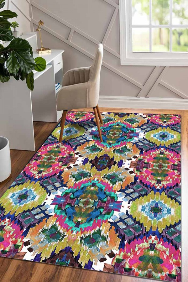 Everleigh Desenli Pamuk Tabanlı Yıkanabilen Kaydırmaz Antibakteriyel Şönil Salon Halısı