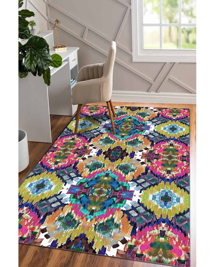 Everleigh Desenli Pamuk Tabanlı Yıkanabilen Kaydırmaz Antibakteriyel Şönil Salon Halısı