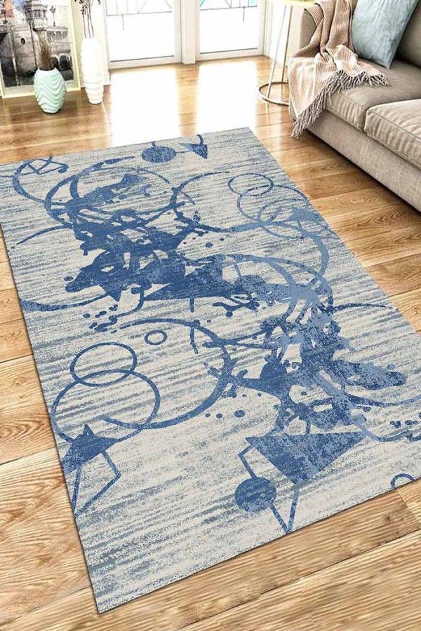 Farah Geometrik Desenli Pamuk Tabanlı Yıkanabilen Kaydırmaz Antibakteriyel Şönil Salon Halısı