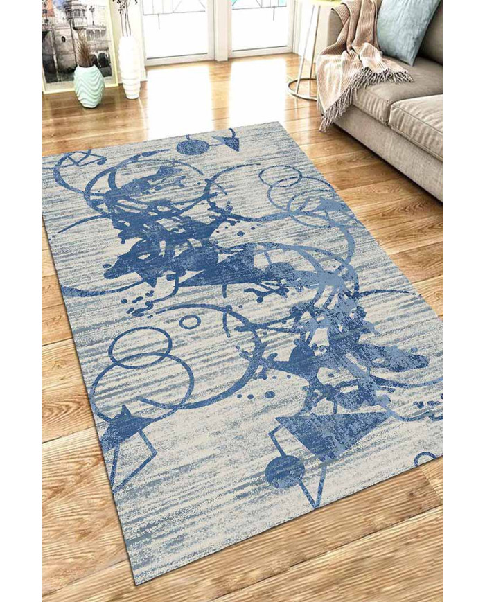 Farah Geometrik Desenli Pamuk Tabanlı Yıkanabilen Kaydırmaz Antibakteriyel Şönil Salon Halısı