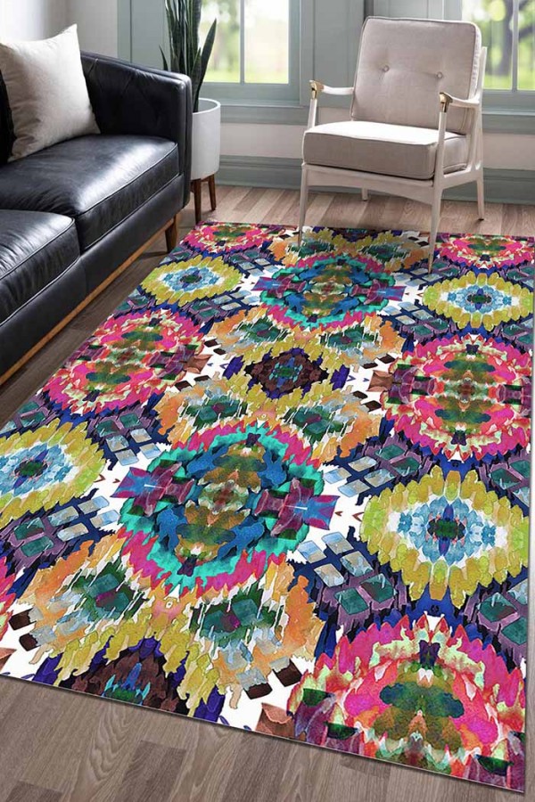 Everleigh Desenli Pamuk Tabanlı Yıkanabilen Kaydırmaz Antibakteriyel Şönil Salon Halısı