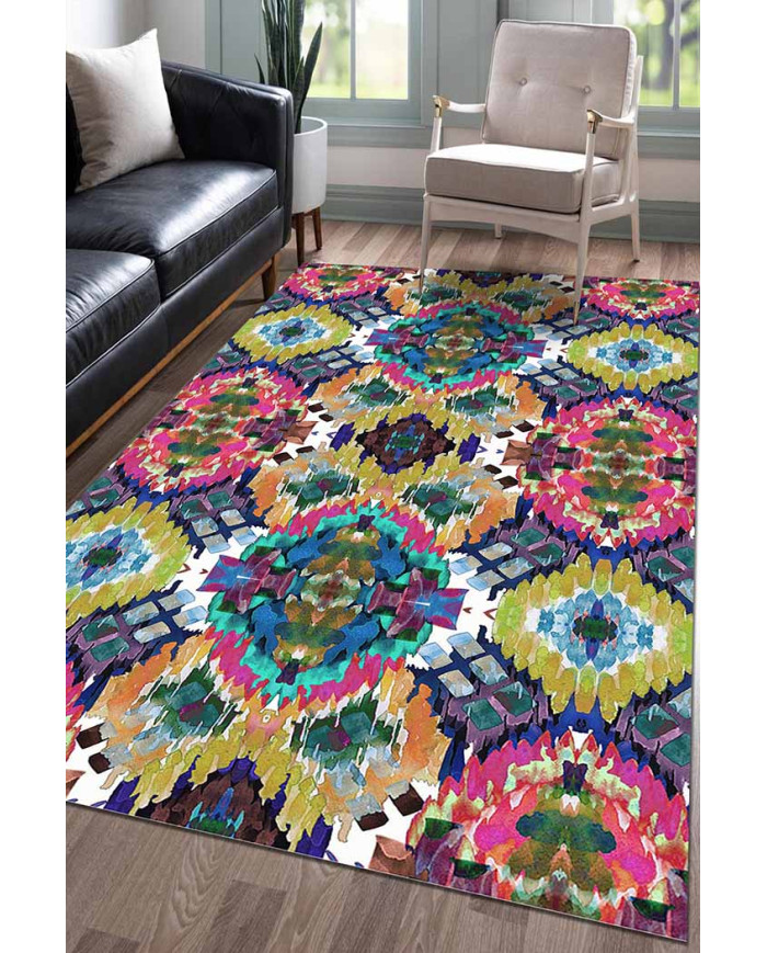 Everleigh Desenli Pamuk Tabanlı Yıkanabilen Kaydırmaz Antibakteriyel Şönil Salon Halısı