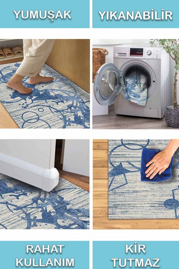 Farah Geometrik Desenli Pamuk Tabanlı Yıkanabilen Kaydırmaz Antibakteriyel Şönil Salon Halısı
