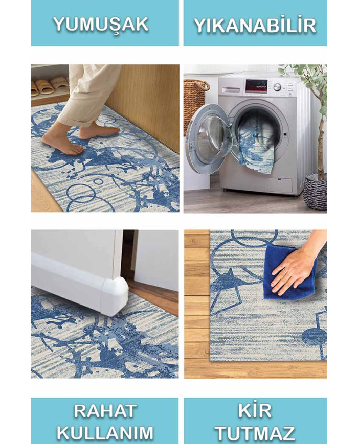 Farah Geometrik Desenli Pamuk Tabanlı Yıkanabilen Kaydırmaz Antibakteriyel Şönil Salon Halısı