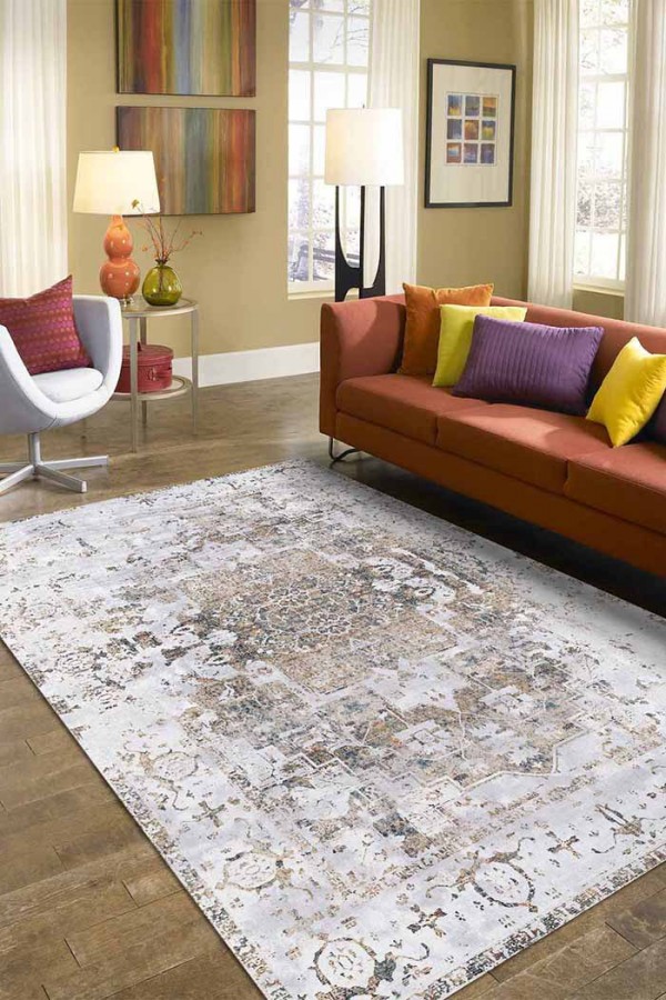 Filament Eskitme Desenli Pamuk Tabanlı Yıkanabilen Kaydırmaz Antibakteriyel Şönil Salon Halısı