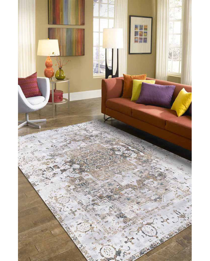 Filament Eskitme Desenli Pamuk Tabanlı Yıkanabilen Kaydırmaz Antibakteriyel Şönil Salon Halısı