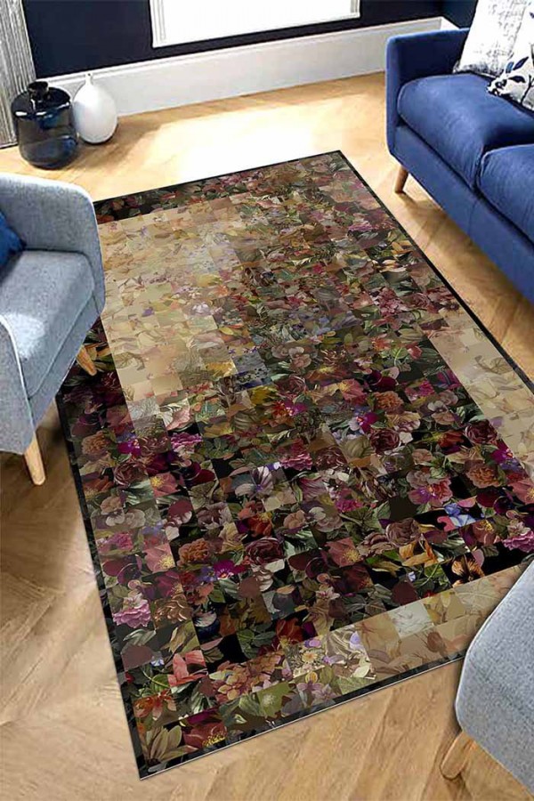 Flowers Çiçek Desenli Pamuk Tabanlı Yıkanabilen Kaydırmaz Antibakteriyel Şönil Salon Halısı