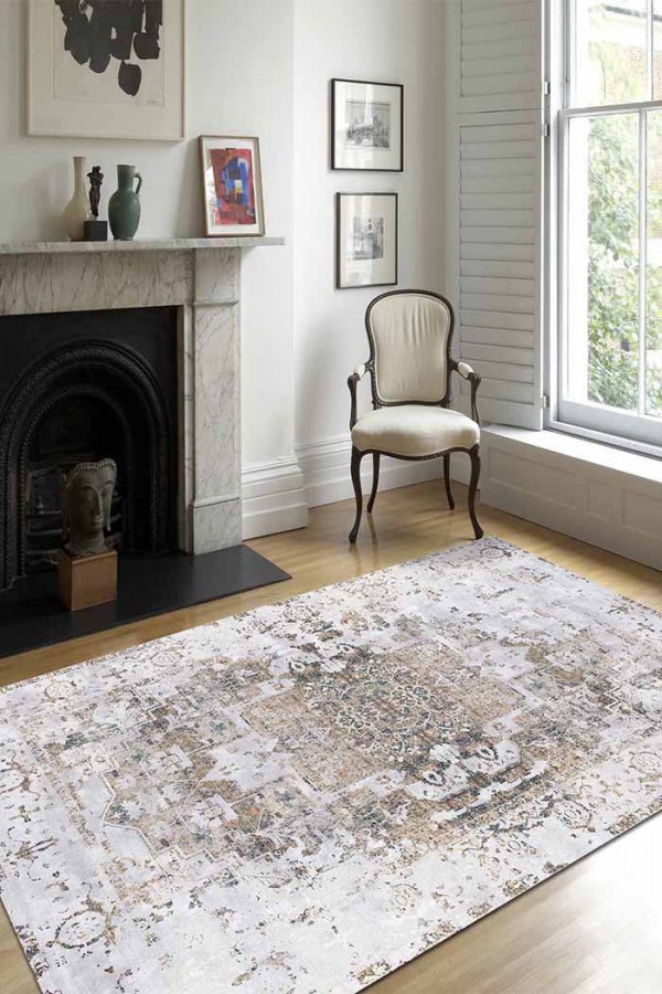 Filament Eskitme Desenli Pamuk Tabanlı Yıkanabilen Kaydırmaz Antibakteriyel Şönil Salon Halısı