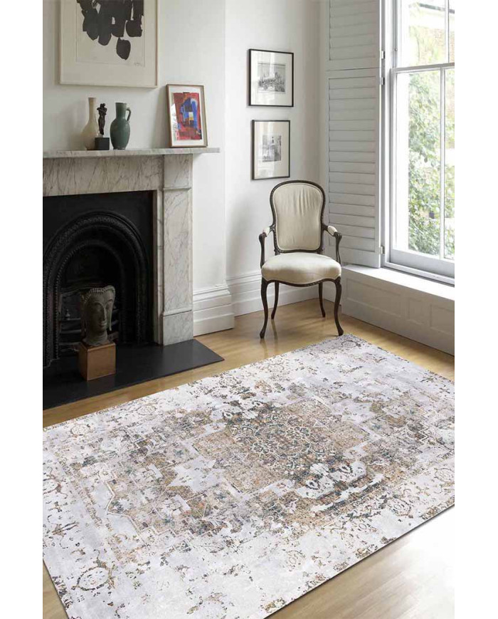 Filament Eskitme Desenli Pamuk Tabanlı Yıkanabilen Kaydırmaz Antibakteriyel Şönil Salon Halısı