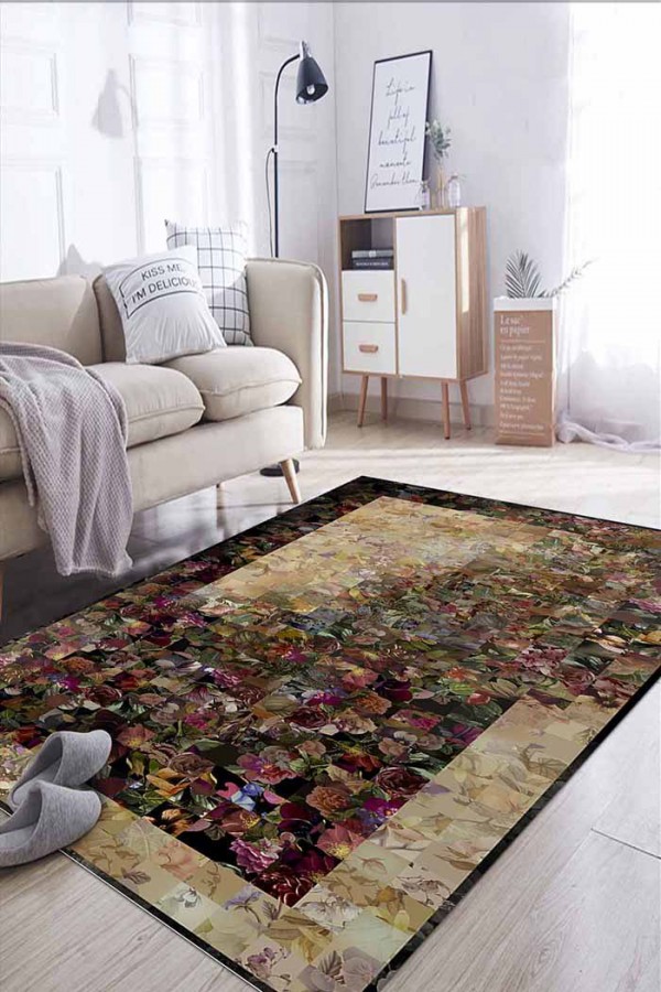 Flowers Çiçek Desenli Pamuk Tabanlı Yıkanabilen Kaydırmaz Antibakteriyel Şönil Salon Halısı