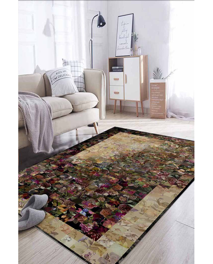 Flowers Çiçek Desenli Pamuk Tabanlı Yıkanabilen Kaydırmaz Antibakteriyel Şönil Salon Halısı