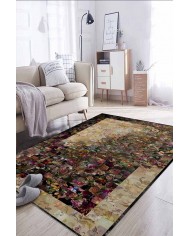 Flowers Çiçek Desenli Pamuk Tabanlı Yıkanabilen Kaydırmaz Antibakteriyel Şönil Salon Halısı