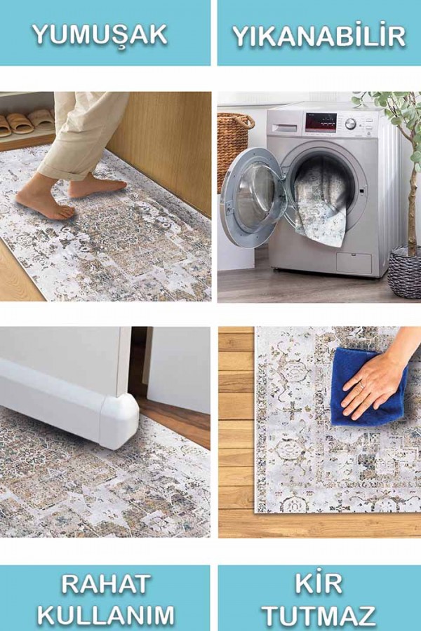 Filament Eskitme Desenli Pamuk Tabanlı Yıkanabilen Kaydırmaz Antibakteriyel Şönil Salon Halısı