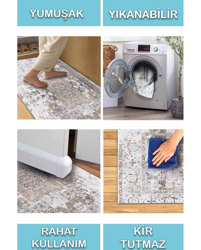 Filament Eskitme Desenli Pamuk Tabanlı Yıkanabilen Kaydırmaz Antibakteriyel Şönil Salon Halısı