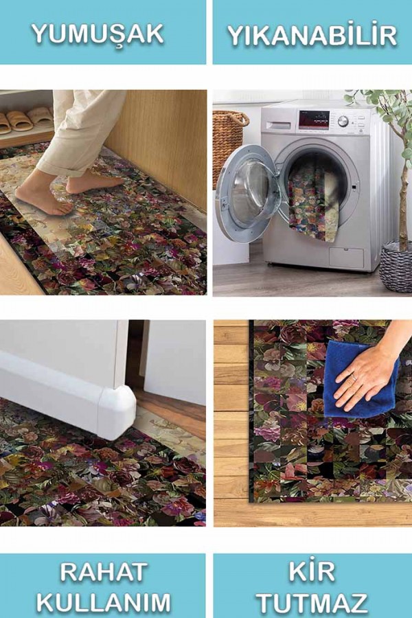 Flowers Çiçek Desenli Pamuk Tabanlı Yıkanabilen Kaydırmaz Antibakteriyel Şönil Salon Halısı