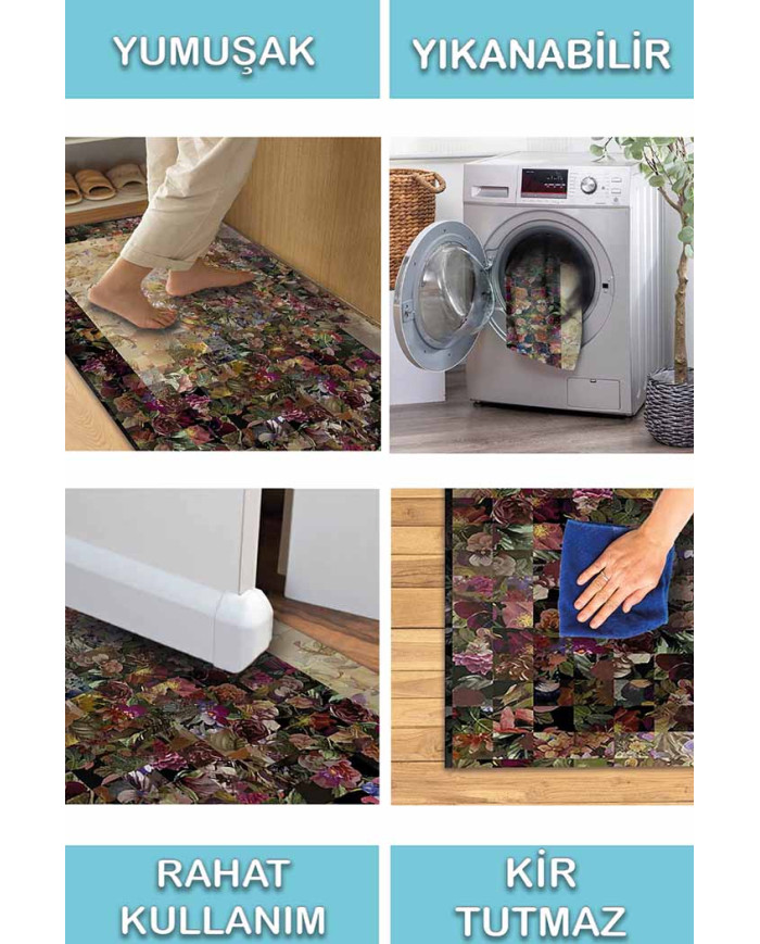 Flowers Çiçek Desenli Pamuk Tabanlı Yıkanabilen Kaydırmaz Antibakteriyel Şönil Salon Halısı