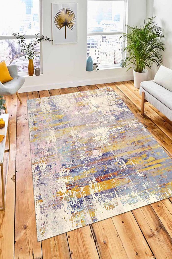 Galina Desenli Pamuk Tabanlı Yıkanabilen Kaydırmaz Antibakteriyel Şönil Salon Halısı