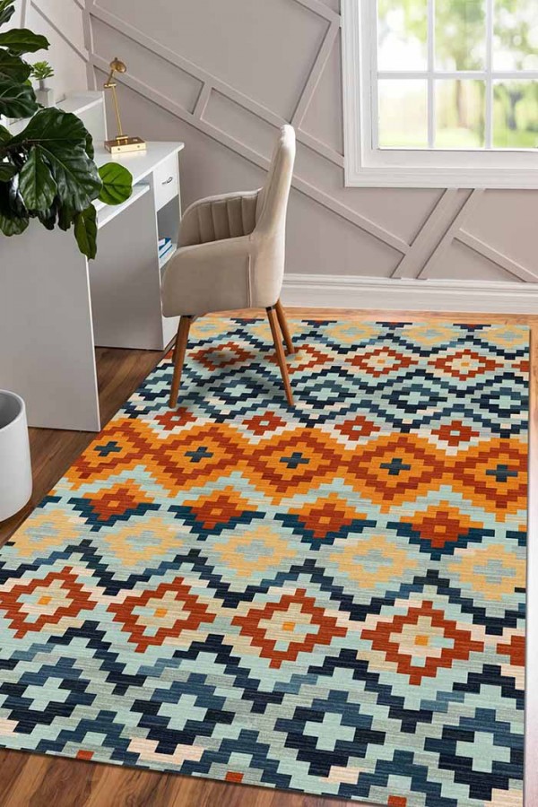 Gayane Desenli Pamuk Tabanlı Yıkanabilen Kaydırmaz Antibakteriyel Şönil Salon Halısı