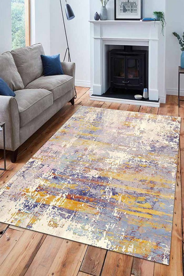 Galina Desenli Pamuk Tabanlı Yıkanabilen Kaydırmaz Antibakteriyel Şönil Salon Halısı