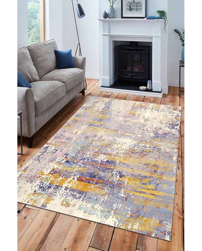 Galina Desenli Pamuk Tabanlı Yıkanabilen Kaydırmaz Antibakteriyel Şönil Salon Halısı