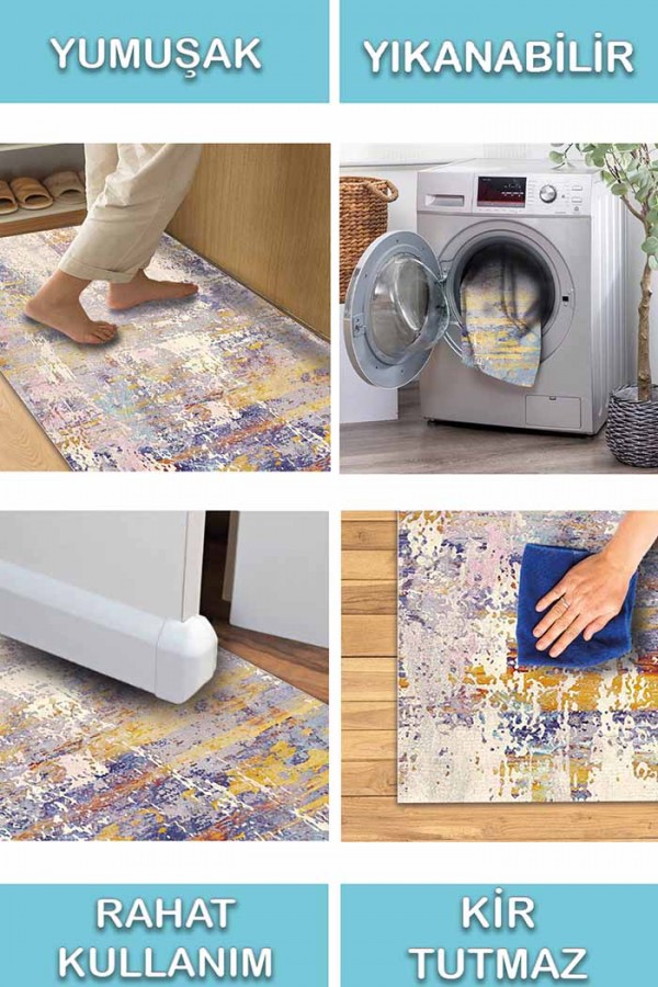 Galina Desenli Pamuk Tabanlı Yıkanabilen Kaydırmaz Antibakteriyel Şönil Salon Halısı