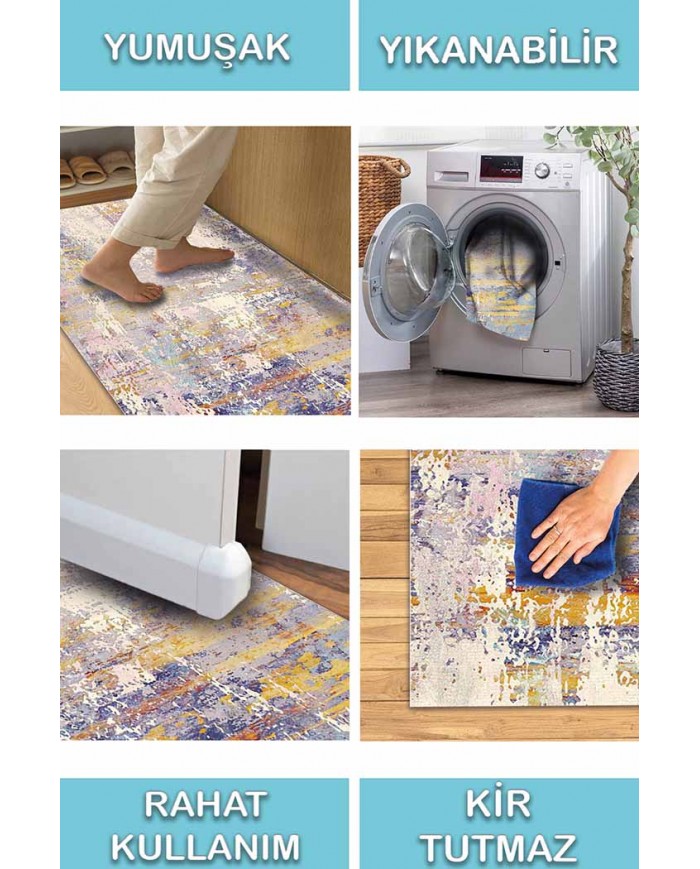 Galina Desenli Pamuk Tabanlı Yıkanabilen Kaydırmaz Antibakteriyel Şönil Salon Halısı