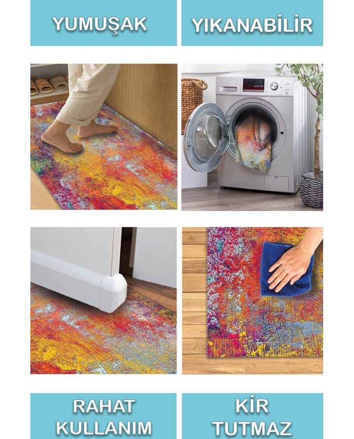 Gaudi Desenli Pamuk Tabanlı Yıkanabilen Kaydırmaz Antibakteriyel Şönil Salon Halısı