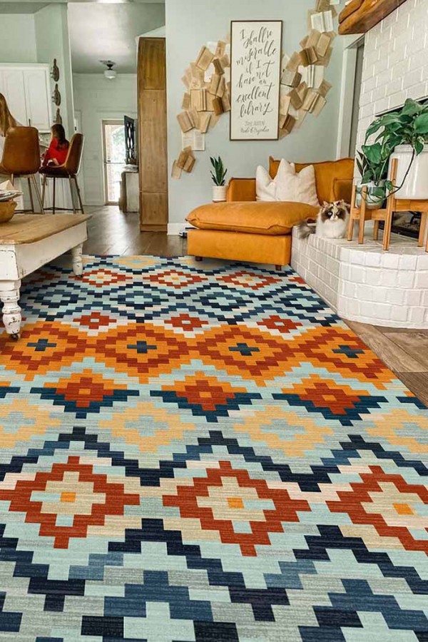 Gayane Desenli Pamuk Tabanlı Yıkanabilen Kaydırmaz Antibakteriyel Şönil Salon Halısı