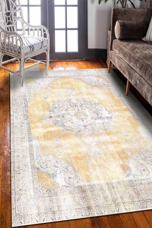 Giallastro Çiçek Desenli Pamuk Tabanlı Yıkanabilen Kaydırmaz Antibakteriyel Şönil Salon Halısı