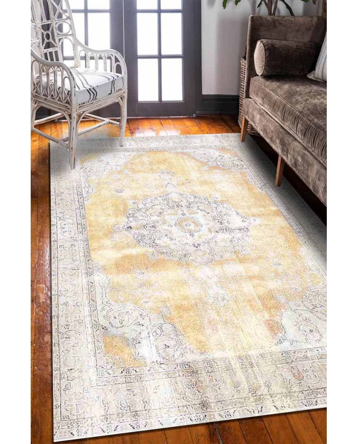 Giallastro Çiçek Desenli Pamuk Tabanlı Yıkanabilen Kaydırmaz Antibakteriyel Şönil Salon Halısı