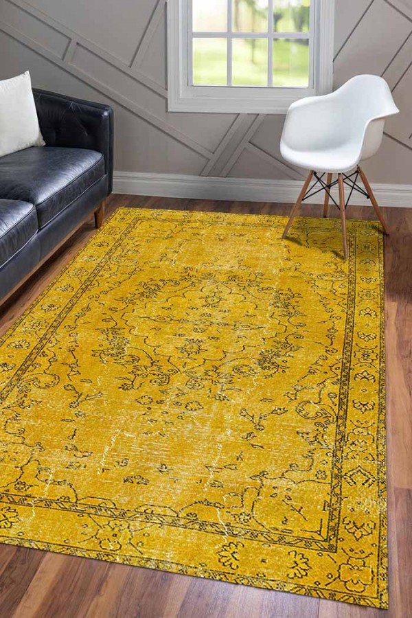 Giallo Desenli Pamuk Tabanlı Yıkanabilen Kaydırmaz Antibakteriyel Şönil Salon Halısı