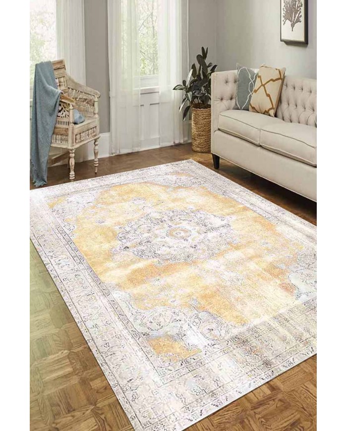 Giallastro Çiçek Desenli Pamuk Tabanlı Yıkanabilen Kaydırmaz Antibakteriyel Şönil Salon Halısı