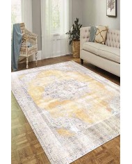 Giallastro Çiçek Desenli Pamuk Tabanlı Yıkanabilen Kaydırmaz Antibakteriyel Şönil Salon Halısı