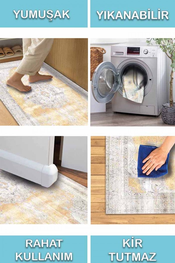 Giallastro Çiçek Desenli Pamuk Tabanlı Yıkanabilen Kaydırmaz Antibakteriyel Şönil Salon Halısı